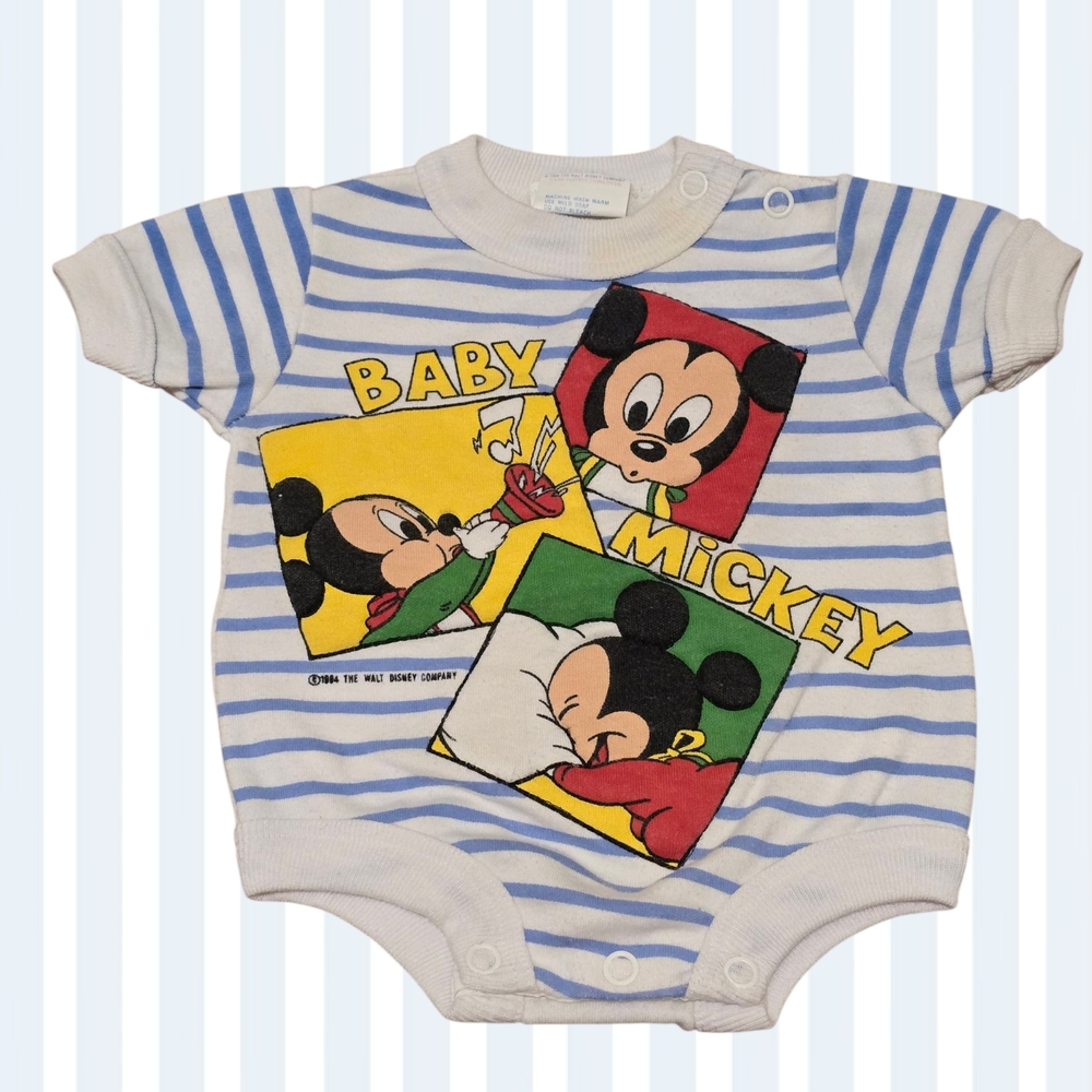 Vintage Disney Babies Blue and White Striped Bodysuit with Baby Mickey